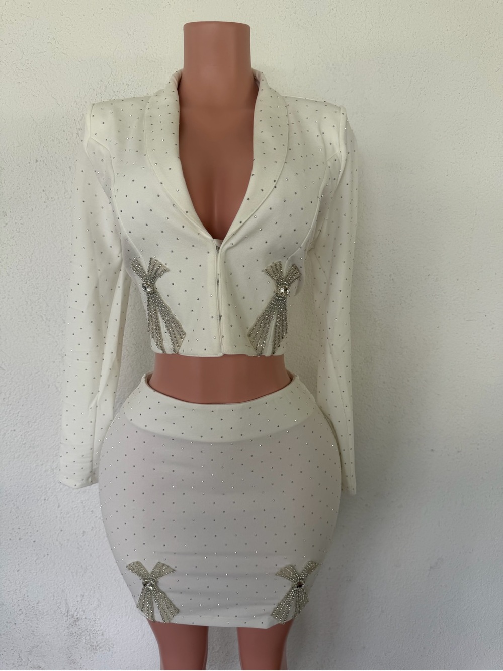Valentine White Rhinestone Blazer & Mini Skirt Set Size M